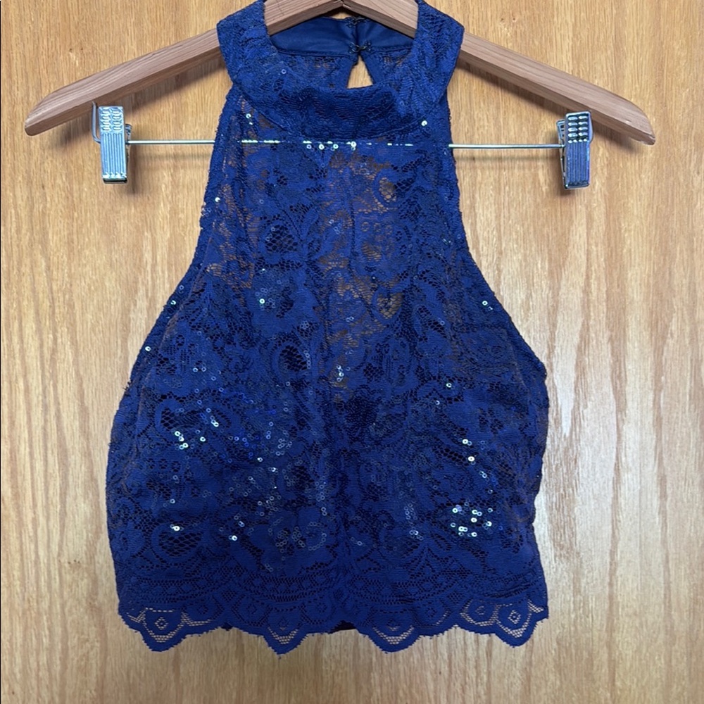 City Studio Navy Blue Lace Halter Camisole with Sequins